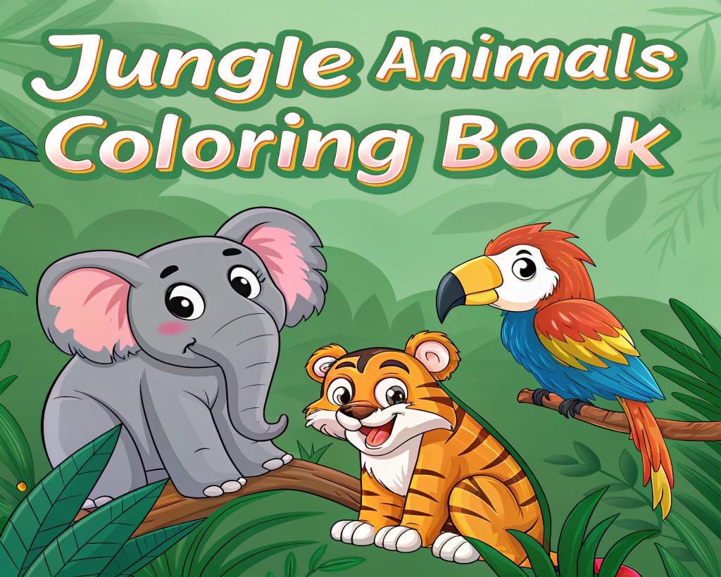 Jungle Animals Coloring Book for Kids – 20 Printable A4 Pages – Fun Jungle Wildlife Illustrations – Digital PDF Download