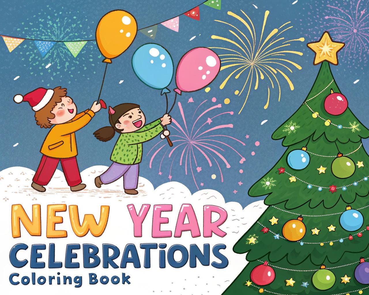 New Year Celebrations Coloring Book – 20 Fun Holiday Pages for Kids & Adults | Printable Festive Activity | PDF Instant Download