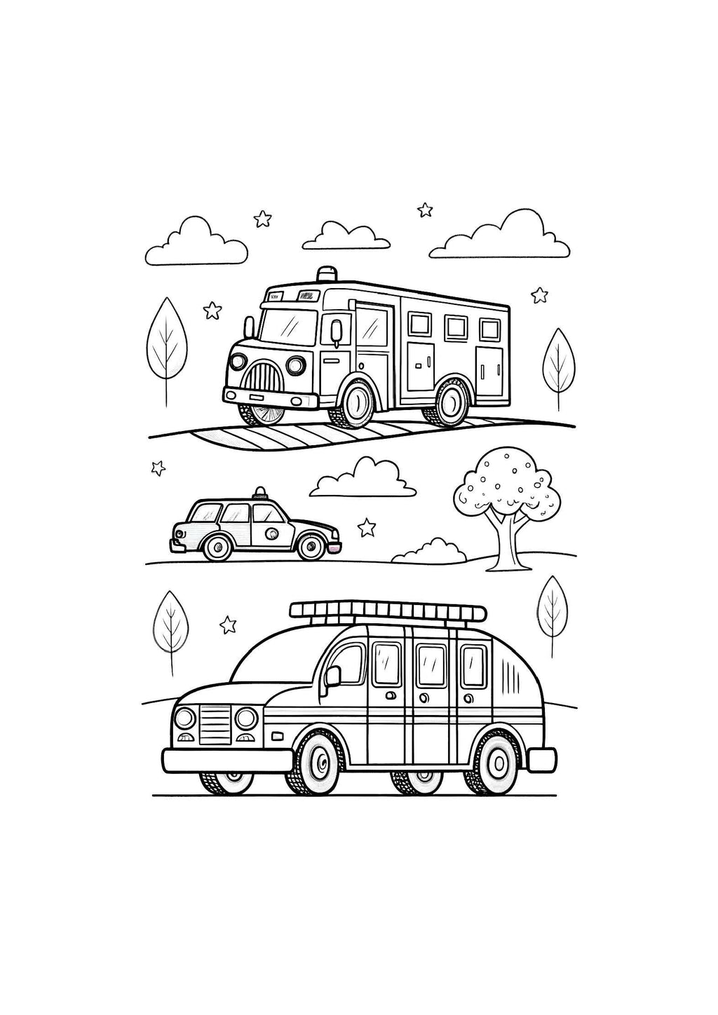 Emergency Vehicles Coloring Book for Kids – 20 Printable A4 Pages – Fire Trucks, Ambulances, Police Cars and More – Digital PDF Download