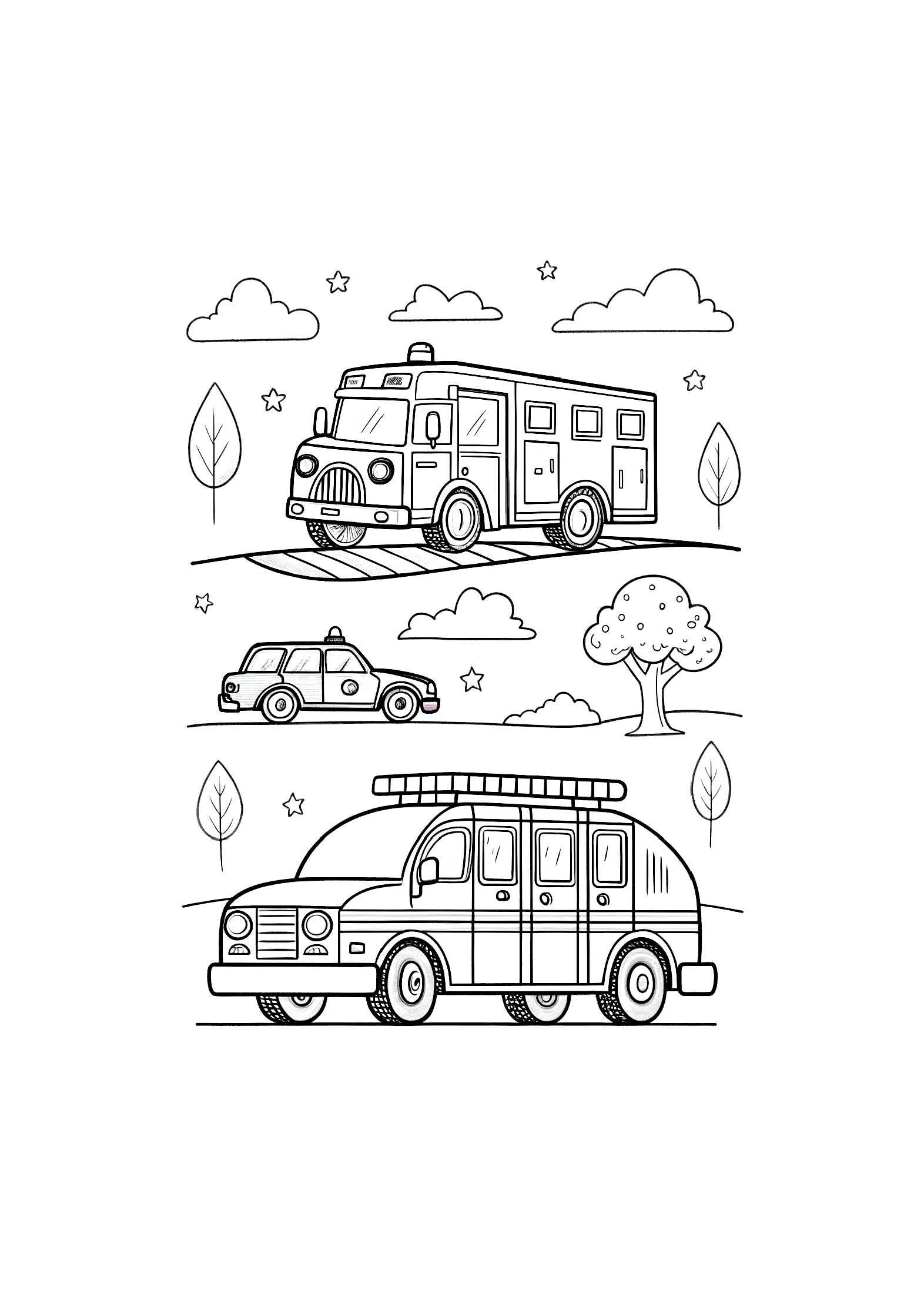 Emergency Vehicles Coloring Book for Kids – 20 Printable A4 Pages – Fire Trucks, Ambulances, Police Cars and More – Digital PDF Download