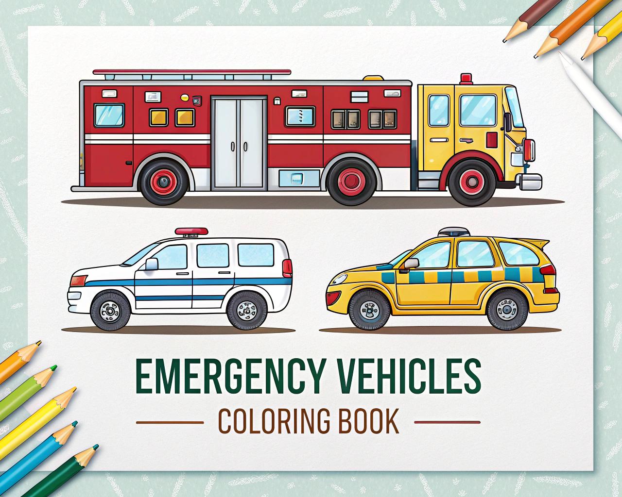 Emergency Vehicles Coloring Book for Kids – 20 Printable A4 Pages – Fire Trucks, Ambulances, Police Cars and More – Digital PDF Download