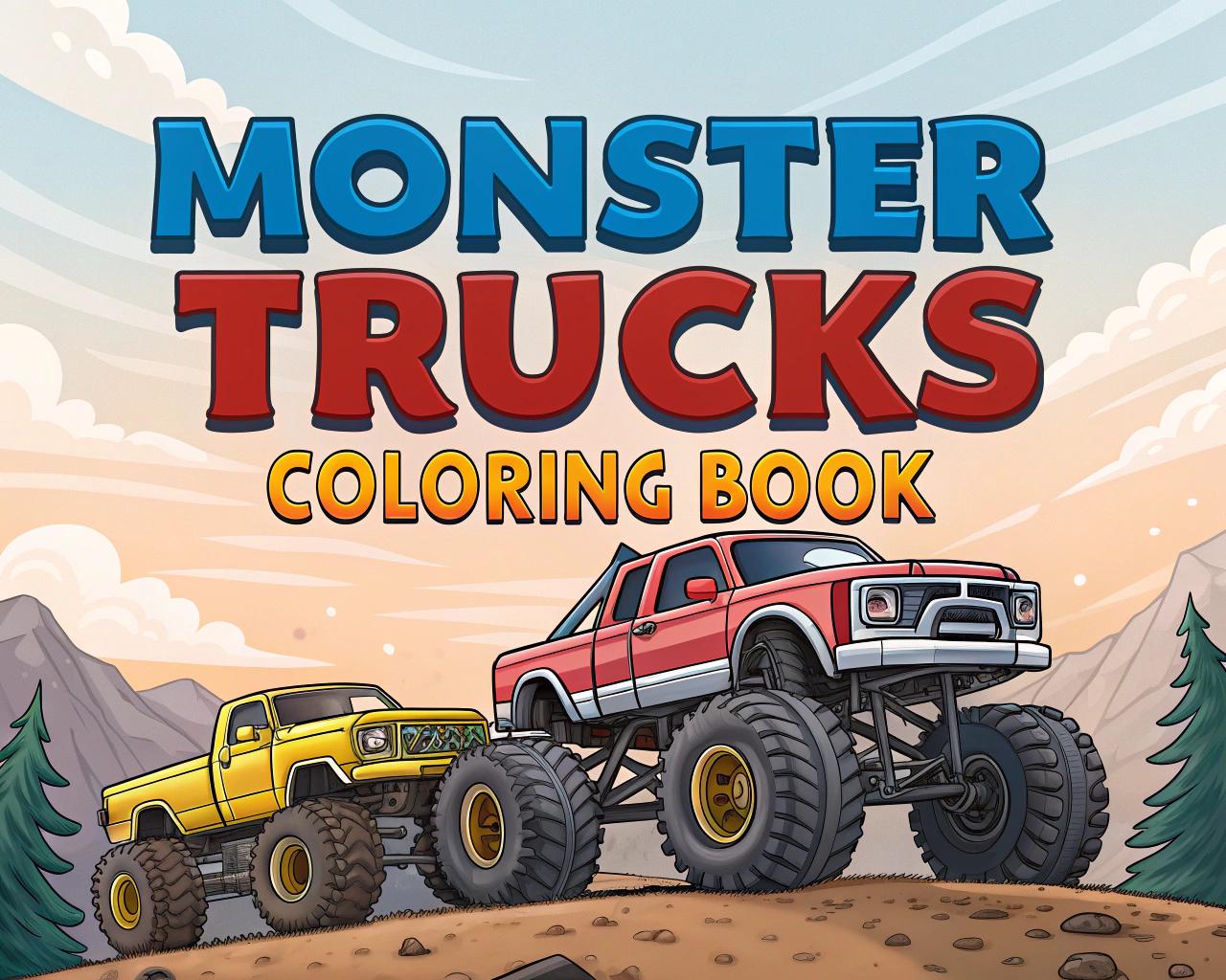Monster Trucks Coloring Book for Kids – 20 Printable A4 Pages – Big and Bold Truck Illustrations – Digital PDF Download
