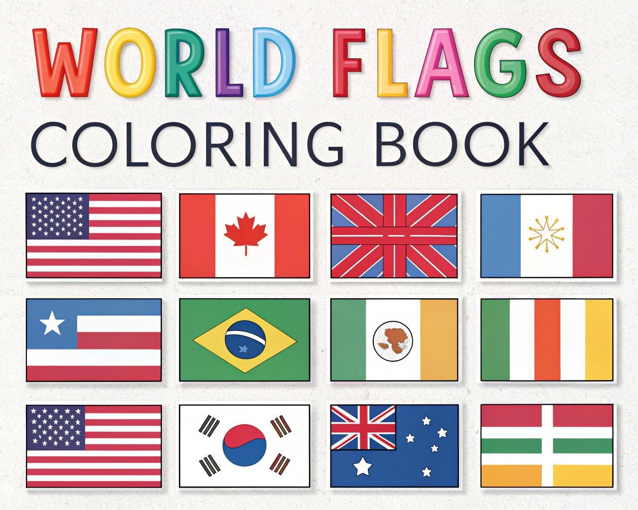 World Flags Coloring Book for Kids – 20 Printable A4 Pages – Educational Flag Illustrations – Digital PDF Download