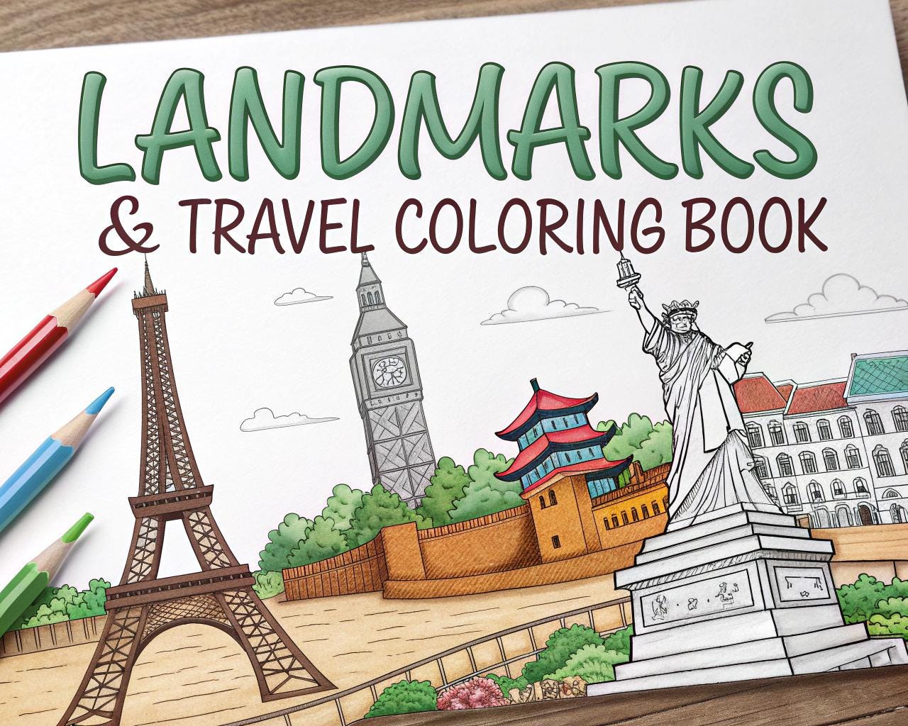 Landmarks & Travel Coloring Book for Kids – 20 Printable A4 Pages – Famous Places Around the World – Digital PDF Download