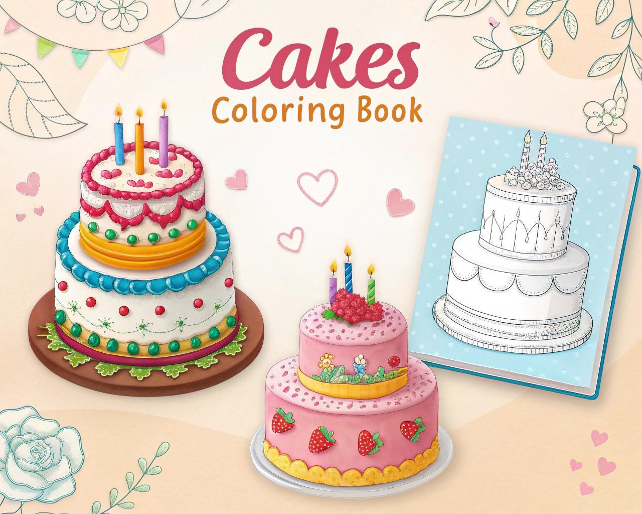 Cakes Coloring Book for Kids – 35 Printable A4 Pages – Fun Dessert-Themed PDF Activity Book – Digital Download