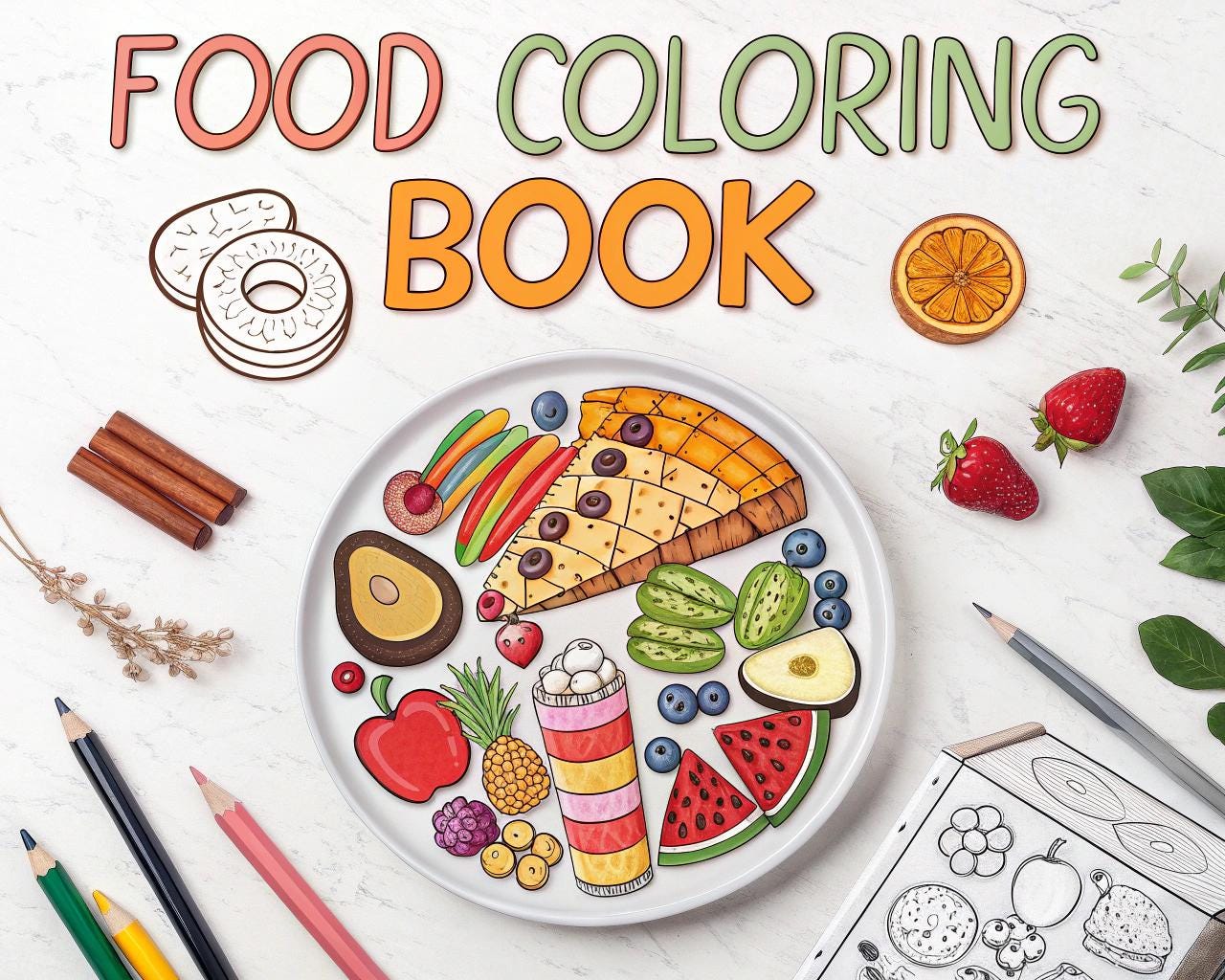 Food Coloring Book for Kids – 40 Printable A4 Pages – Fun and Tasty Food Illustrations – Digital PDF Download