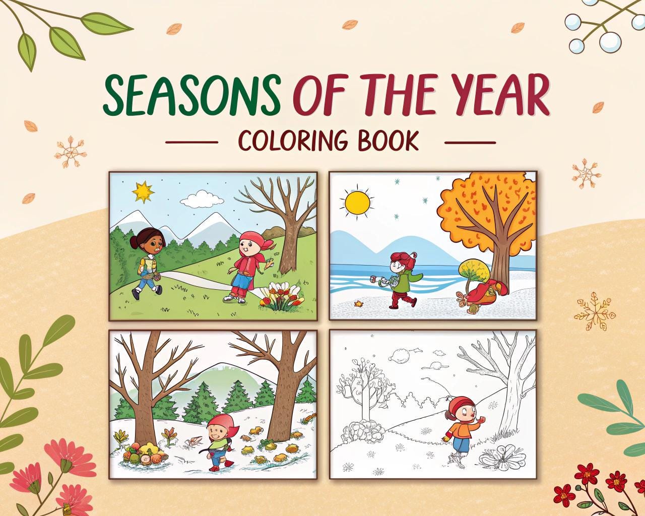 Seasons of the Year Coloring Book for Kids – 20 Printable A4 Pages – Fun and Educational Seasonal Illustrations – Digital PDF Download