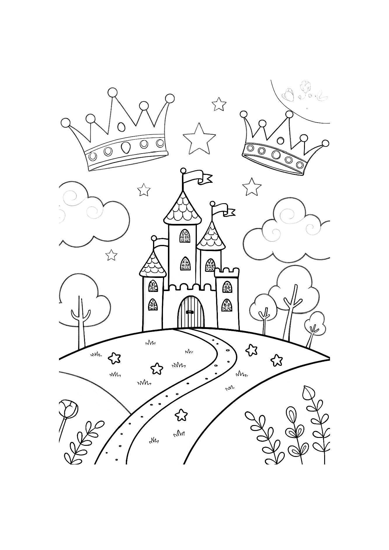Castles and Crowns Coloring Book for Kids – 20 Printable A4 Pages – Magical Castle and Royal Crown Illustrations – Digital PDF Download