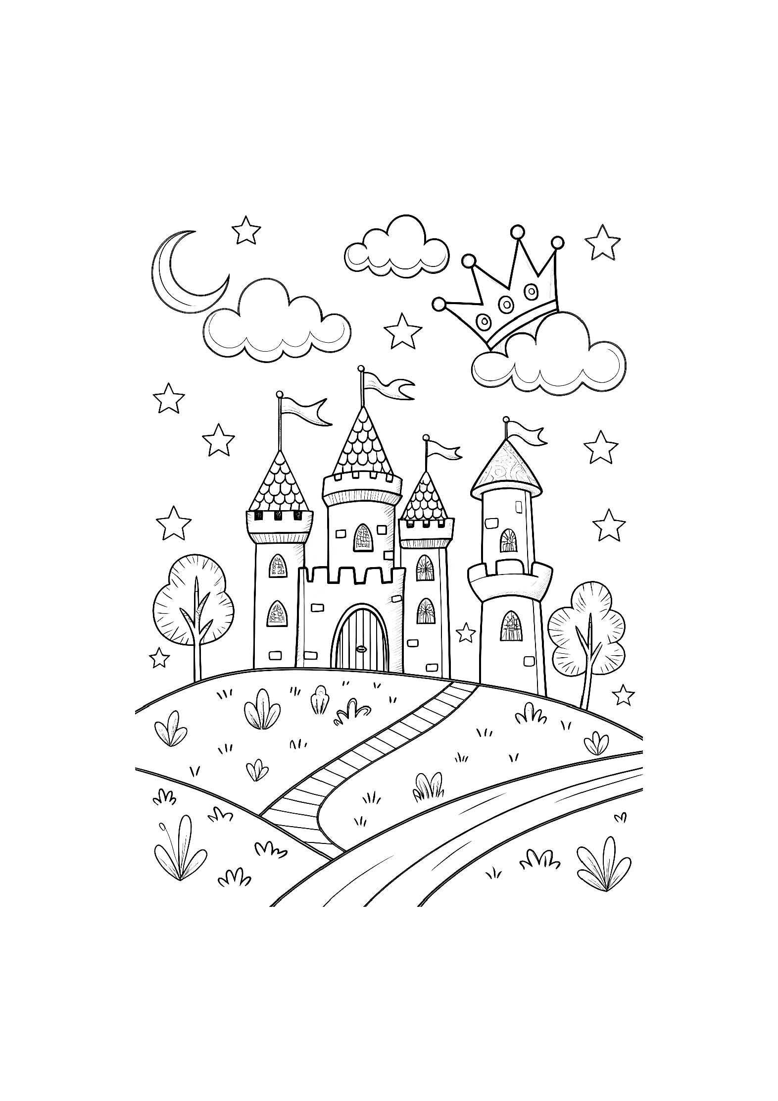 Castles and Crowns Coloring Book for Kids – 20 Printable A4 Pages – Magical Castle and Royal Crown Illustrations – Digital PDF Download