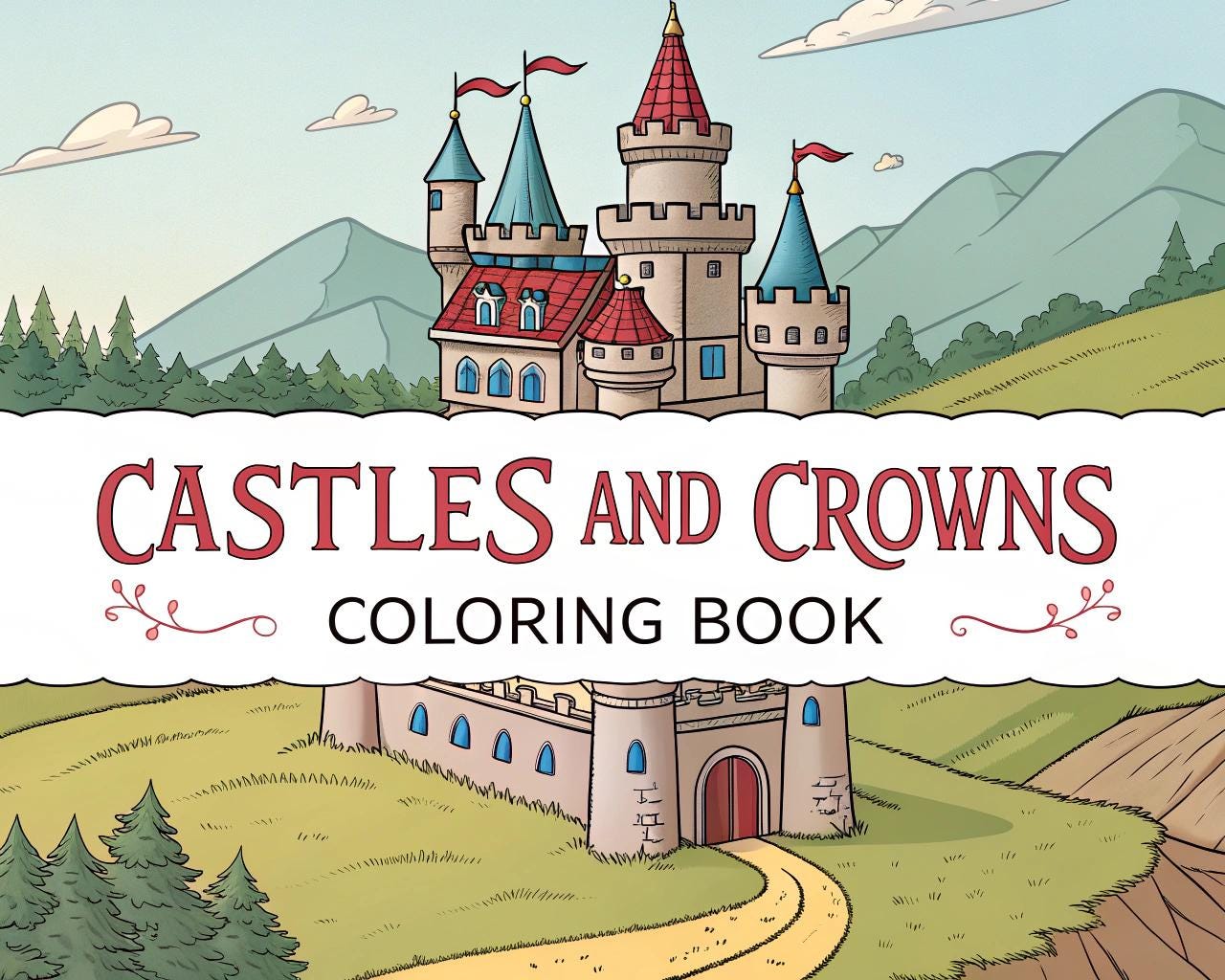 Castles and Crowns Coloring Book for Kids – 20 Printable A4 Pages – Magical Castle and Royal Crown Illustrations – Digital PDF Download