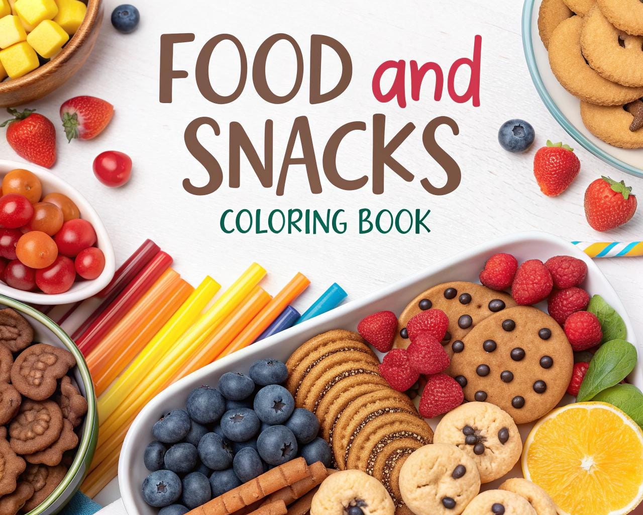 Food and Snacks Coloring Book – 20 Printable A4 Pages | Digital PDF Download