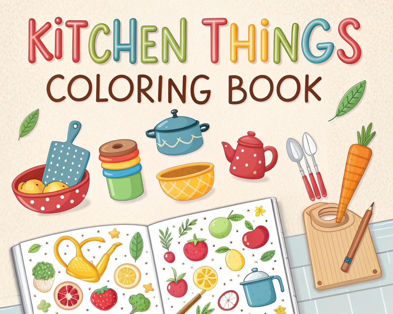 Kitchen Things Coloring Book – 20 Printable A4 Pages | Digital PDF Download