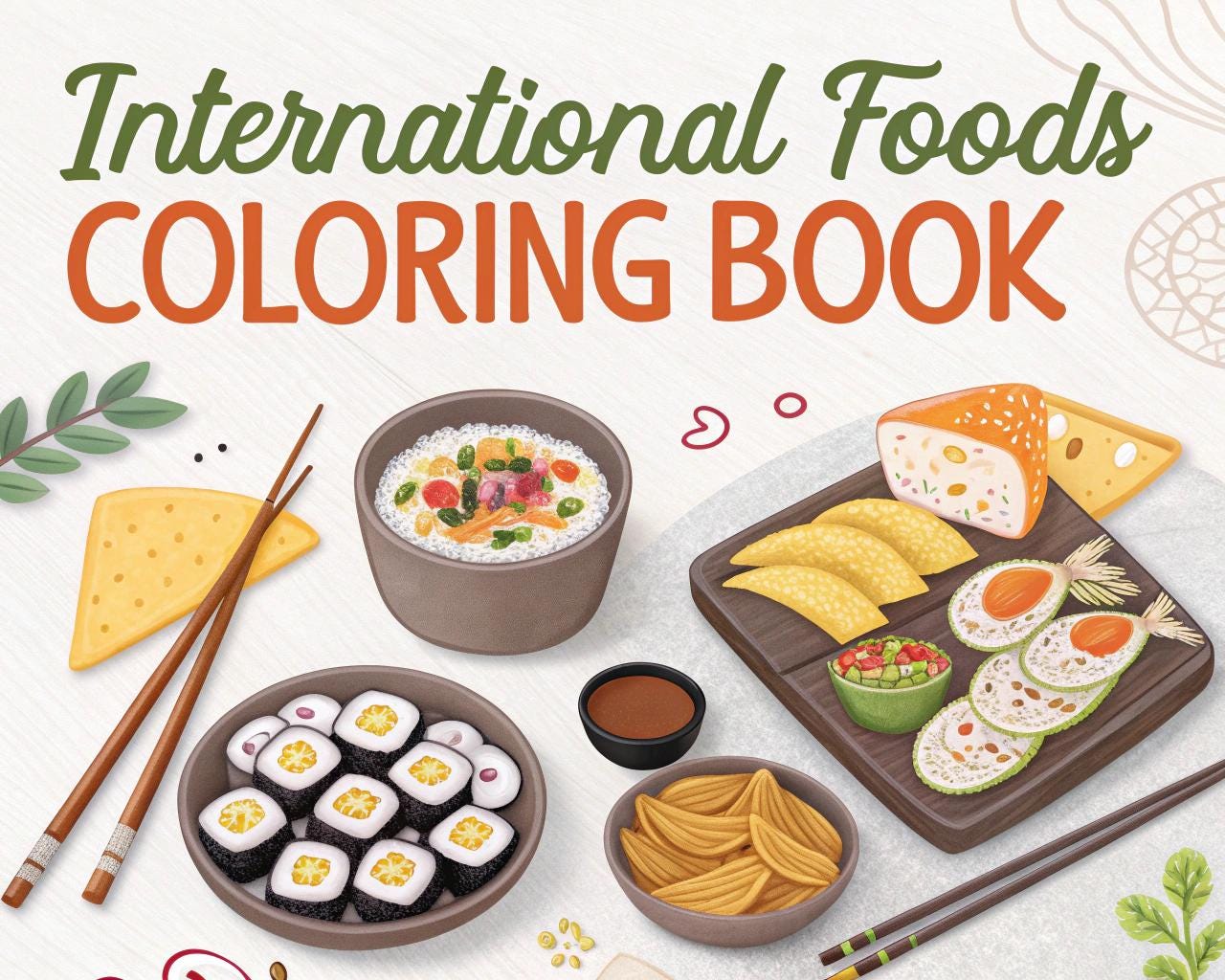 International Foods Coloring Book for Kids – 20 Printable A4 Pages – Delicious Dishes from Around the World – Digital PDF Download