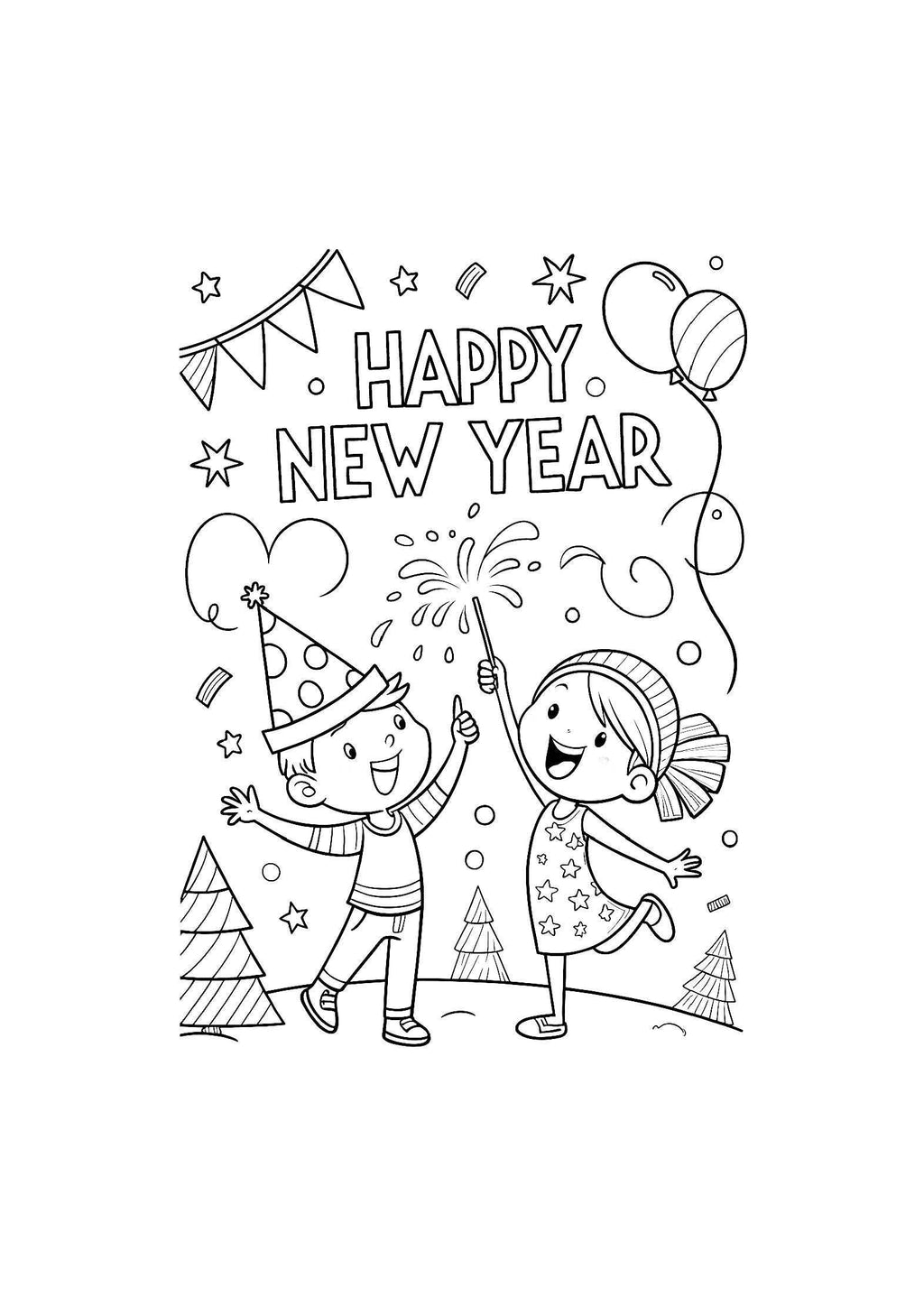New Year Celebrations Coloring Book – 20 Fun Holiday Pages for Kids & Adults | Printable Festive Activity | PDF Instant Download