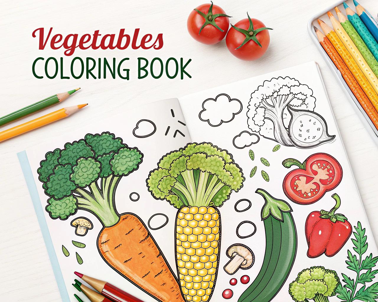 Vegetables Coloring Book for Kids – 35 Printable A4 Pages – Fun and Educational Vegetable Illustrations – Digital PDF Download