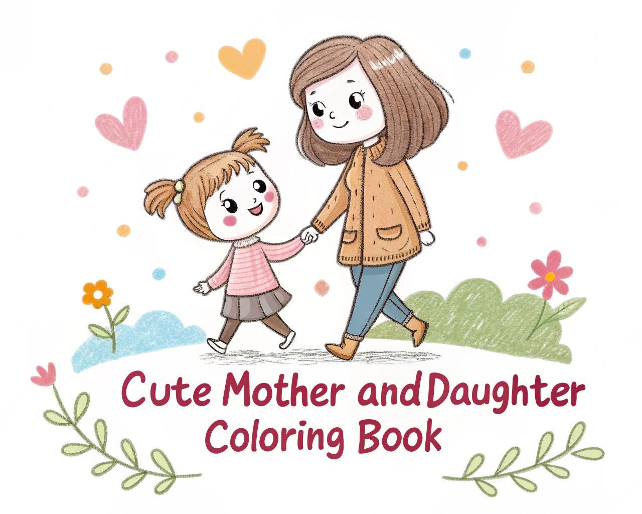 Cute Mother and Daughter Coloring Book – 80 Printable A4 Pages – Heartwarming Family Moments – Digital PDF Download